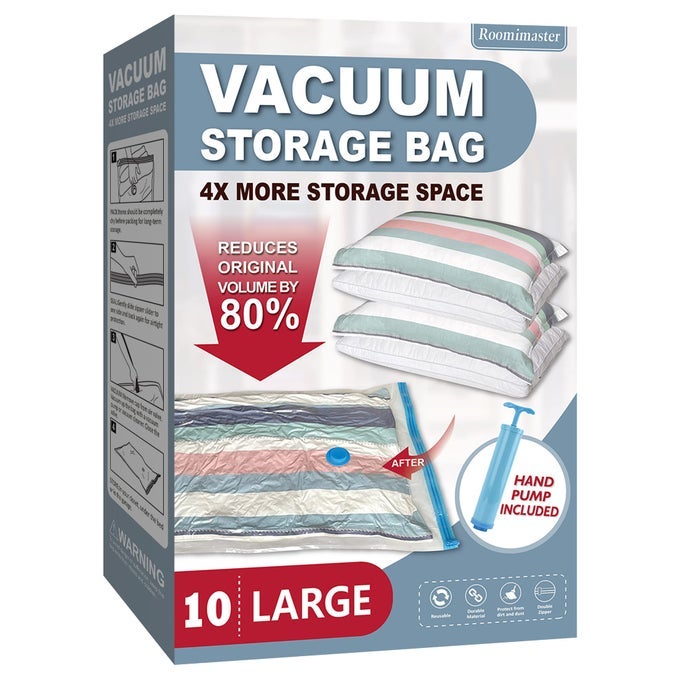 10 LARGE VACUUM STORAGE BAGS WITH HAND PUMP LARGE VACUUM SEAL BAGS FOR CLOTHING SPACE SAVER BAGS FOR TRAVEL LUGGGAGE BLANKETS COMFORTERS