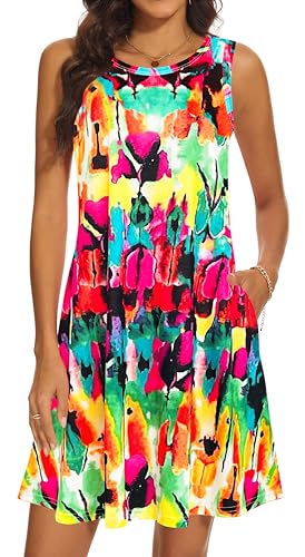 MOSKILL Summer Dresses for Women 2025 Casual Sundresses Beach Cover Ups Sleeveless Tshirt Swing Dress with Pockets X-Large-Z Rainbow - Image 5