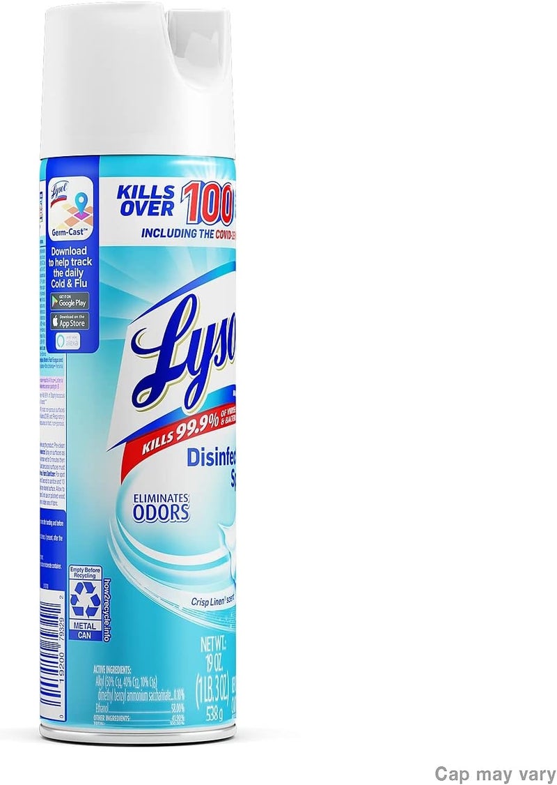 Lysol Disinfectant Spray, Household Essential Cleaning Supplies, Multi-Purpose Room Spray, Antibacterial Sanitizer Spray, Upholstery Deodorizer, Home and Bathroom, Crisp Linen,19 Fl Oz - Image 1