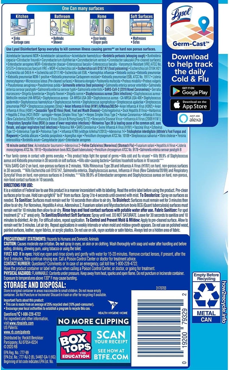 Lysol Disinfectant Spray, Household Essential Cleaning Supplies, Multi-Purpose Room Spray, Antibacterial Sanitizer Spray, Upholstery Deodorizer, Home and Bathroom, Crisp Linen,19 Fl Oz - Image 3