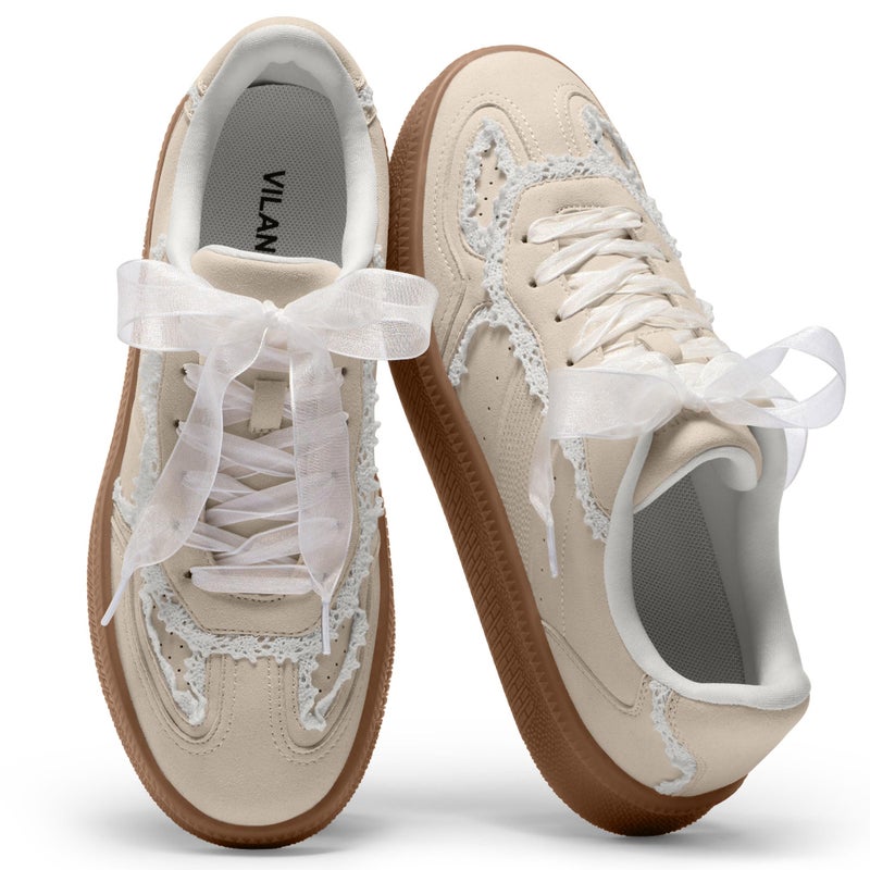 Vilanva Women's Lace Detail Fashion Sneakers Comfortable Casual Dress Sneakers with Retro Gum Sole Walking Trendy Footwear - Image 1