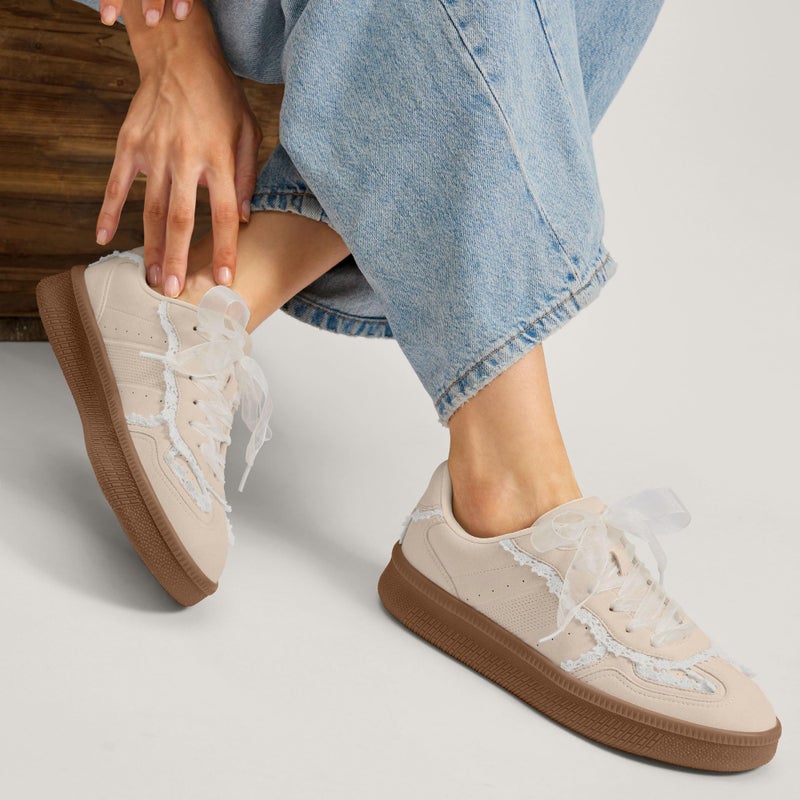 Vilanva Women's Lace Detail Fashion Sneakers Comfortable Casual Dress Sneakers with Retro Gum Sole Walking Trendy Footwear - Image 2