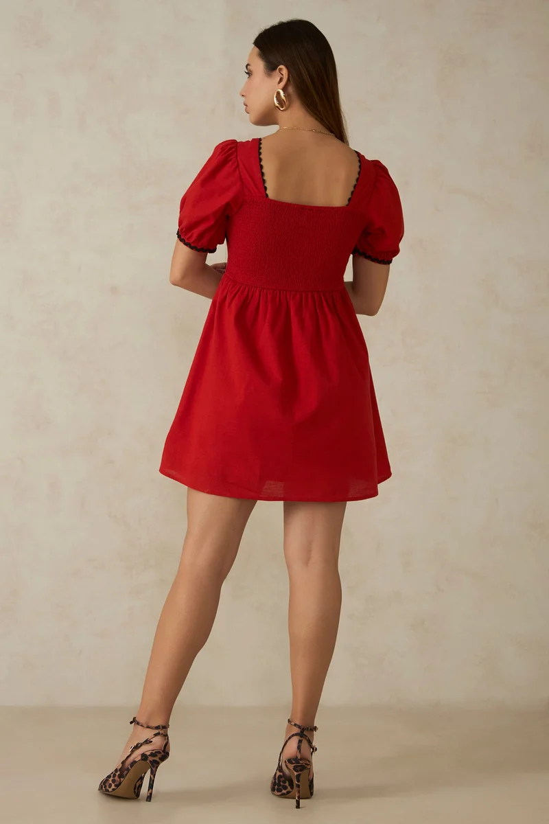 Virgio Red Solid Cotton Ric Rac Laced Red Mini Dress for Women for Women | Best Price UAE