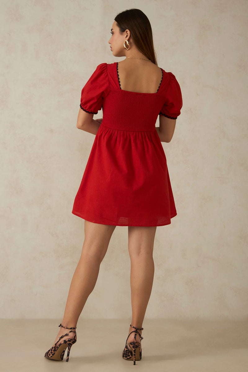 Virgio Solid Cotton Ric Rac Laced Red Mini Dress for Women - Image 5