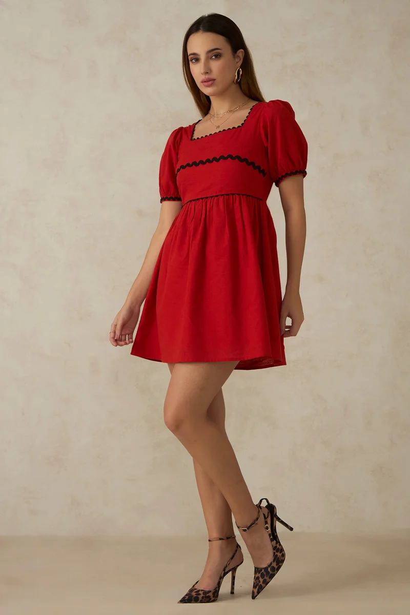 Virgio Red Solid Cotton Ric Rac Laced Red Mini Dress for Women for Women | Best Price UAE