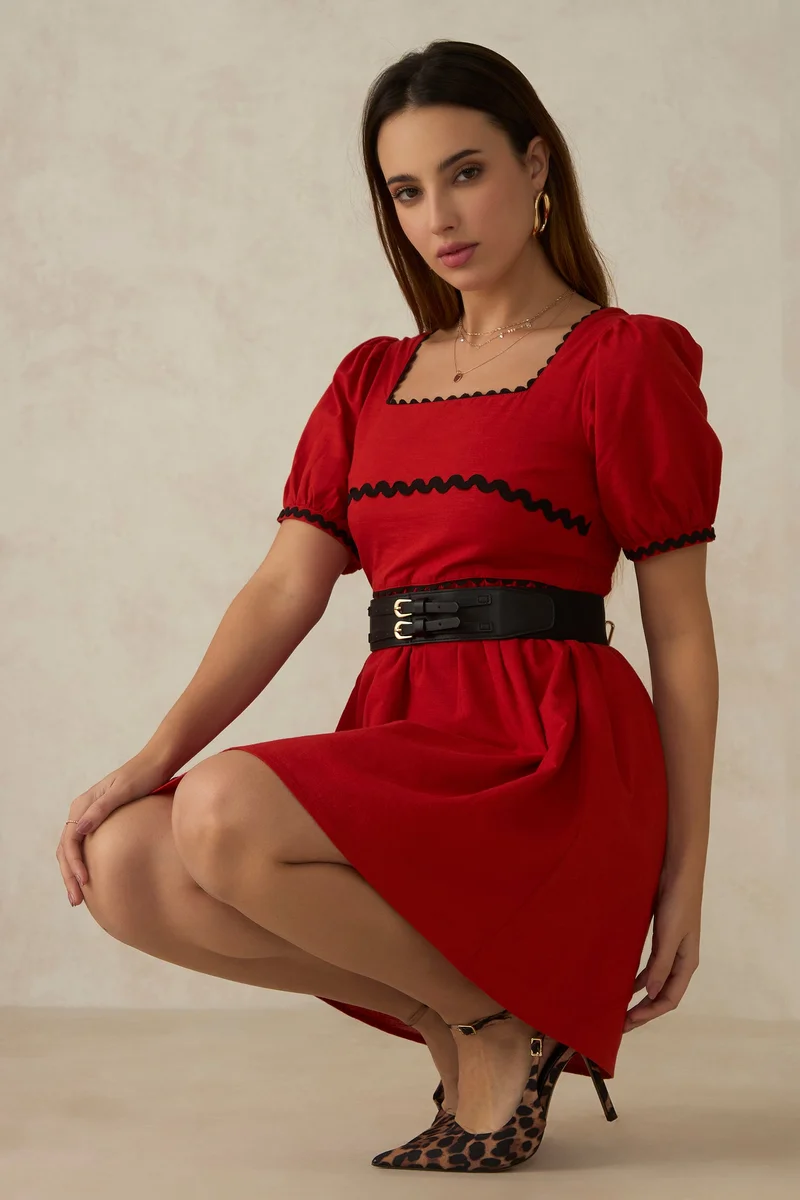 فيرجيو Solid Cotton Ric Rac Laced Red Mini Dress for Women