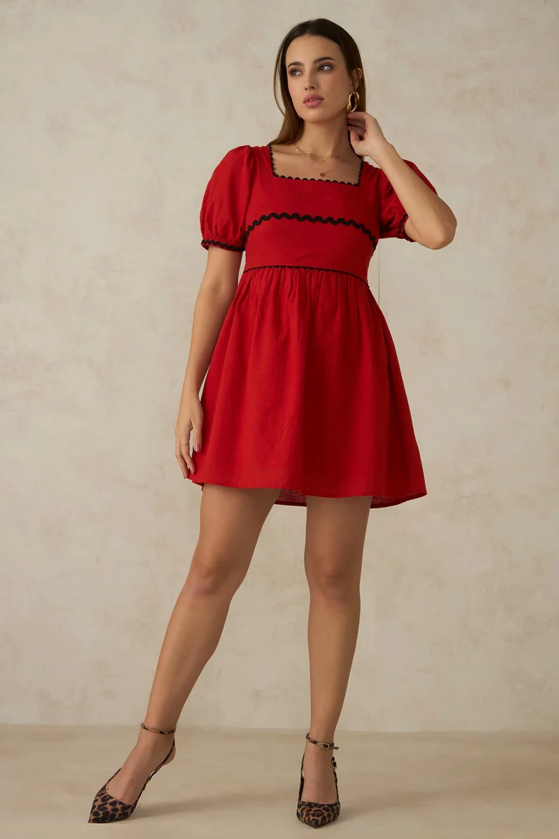 Virgio Red Solid Cotton Ric Rac Laced Red Mini Dress for Women for Women | Best Price UAE