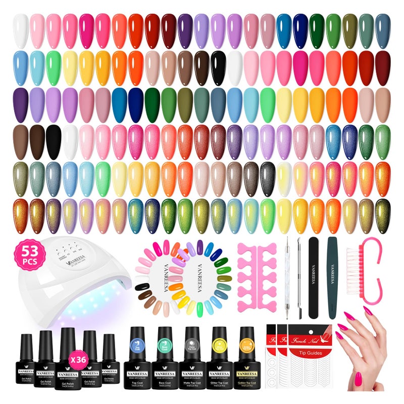VANREESA Gel Nail Polish Kit with U V Light 53 Pcs Gel Polish Nail Set 36 Popular Colors Nail Polish Set + Base and 4 Effects Top Coat with Manicure Tools Complete Nail Kit Gifts for Women Girls - Image 1