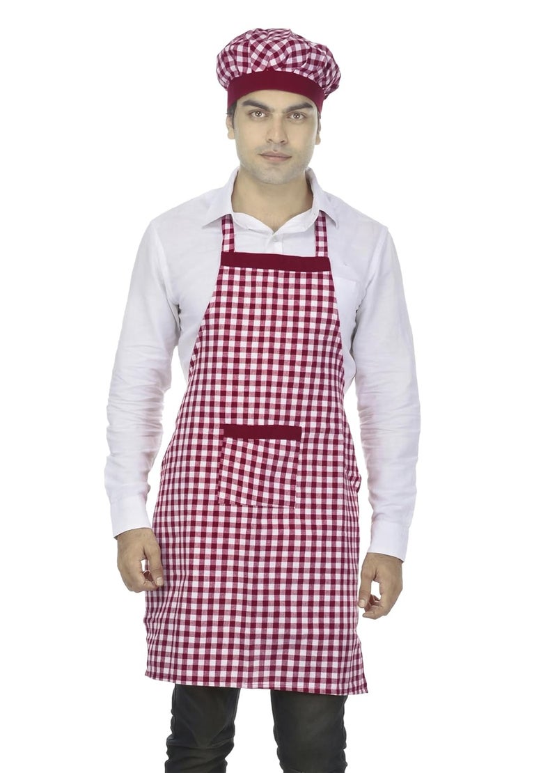 Switchon Switchon Cotton Check Kitchen Chefs Apron with Cap 23inch Mehroon and White Proudly Made in India - Image 1