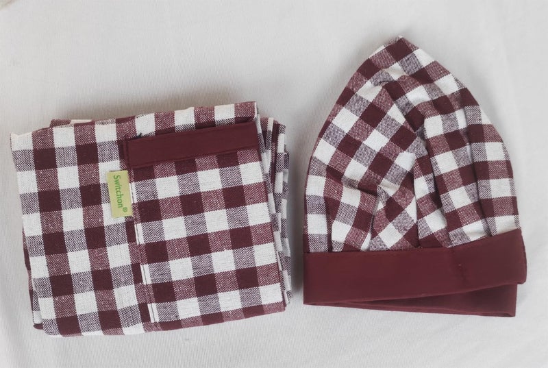 Switchon Switchon Cotton Check Kitchen Chefs Apron with Cap 23inch Mehroon and White Proudly Made in India - Image 4
