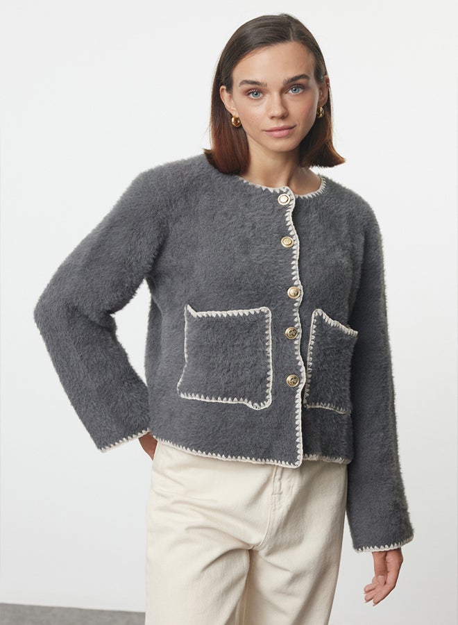 trendyol Soft Textured Anthracite Knitwear Cardigan - Jacket Look, Furry - Image 2