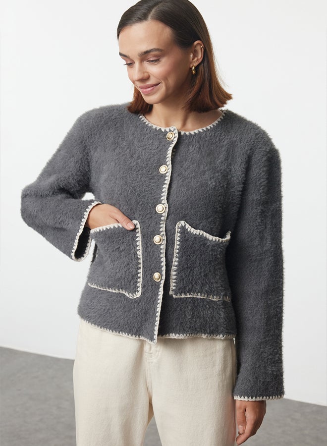 trendyol Soft Textured Anthracite Knitwear Cardigan - Jacket Look, Furry - Image 1
