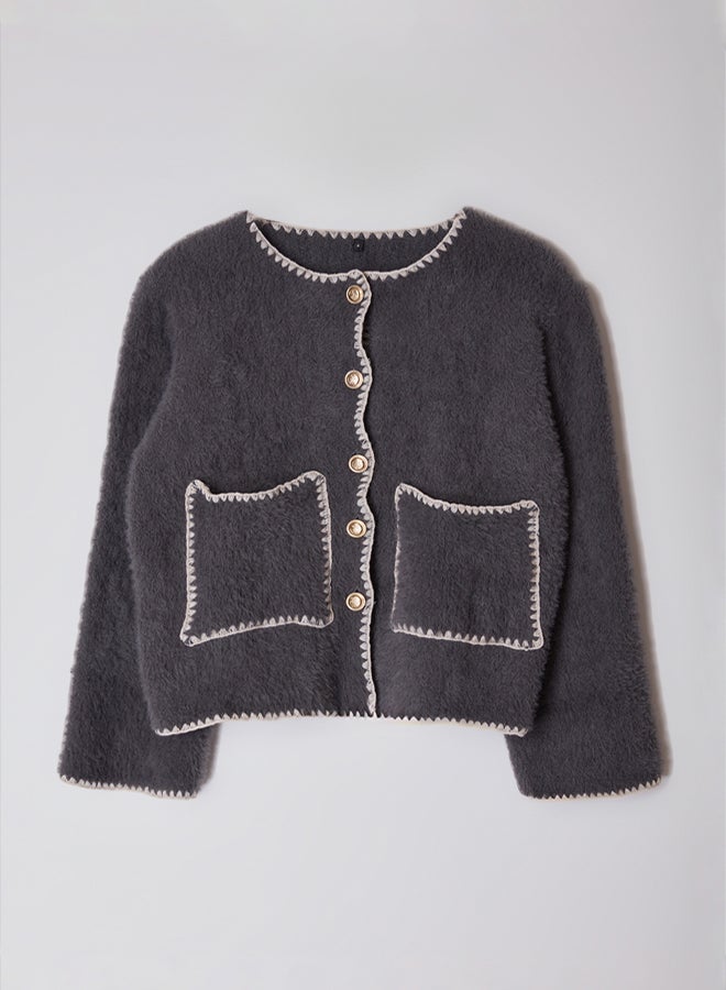 trendyol Soft Textured Anthracite Knitwear Cardigan - Jacket Look, Furry - Image 5