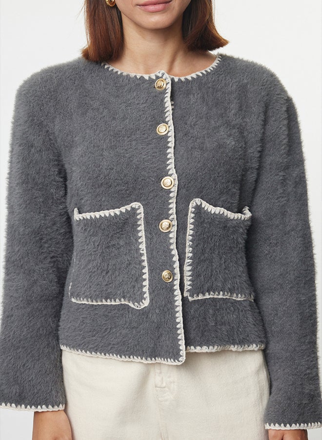 trendyol Soft Textured Anthracite Knitwear Cardigan - Jacket Look, Furry - Image 3