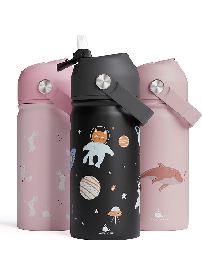 إيروريكس زجاجة مياه من الفولاذ المقاوم للصدأ للأطفال زجاجة مياه للأطفال مقاومة للتسرب للمدرسة 380 مل زجاجة مياه للأطفال الصغار خالية من مادة BPA مع شفاطة مزدوجة الجدار للسوائل الساخنة والباردة باللون الأسود - Image 1