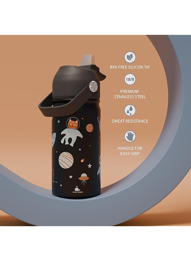 إيروريكس زجاجة مياه من الفولاذ المقاوم للصدأ للأطفال زجاجة مياه للأطفال مقاومة للتسرب للمدرسة 380 مل زجاجة مياه للأطفال الصغار خالية من مادة BPA مع شفاطة مزدوجة الجدار للسوائل الساخنة والباردة باللون الأسود - Image 2