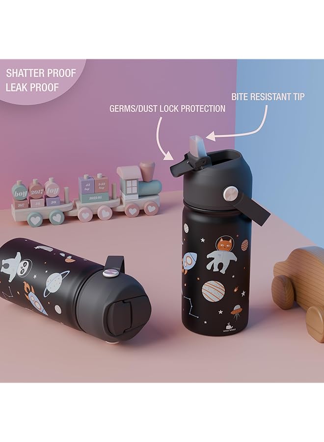 إيروريكس زجاجة مياه من الفولاذ المقاوم للصدأ للأطفال زجاجة مياه للأطفال مقاومة للتسرب للمدرسة 380 مل زجاجة مياه للأطفال الصغار خالية من مادة BPA مع شفاطة مزدوجة الجدار للسوائل الساخنة والباردة باللون الأسود - Image 4