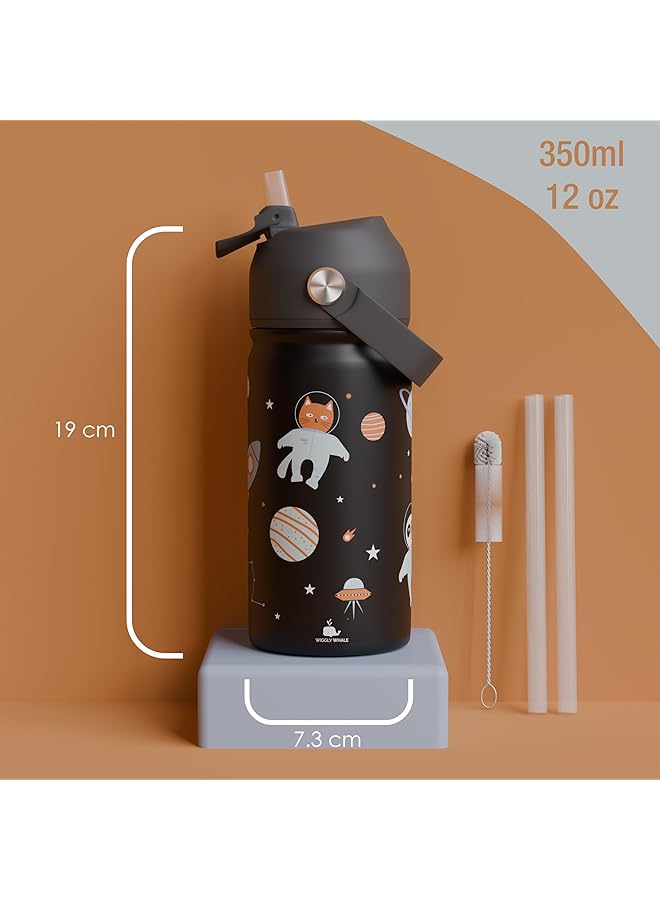 إيروريكس زجاجة مياه من الفولاذ المقاوم للصدأ للأطفال زجاجة مياه للأطفال مقاومة للتسرب للمدرسة 380 مل زجاجة مياه للأطفال الصغار خالية من مادة BPA مع شفاطة مزدوجة الجدار للسوائل الساخنة والباردة باللون الأسود - Image 3