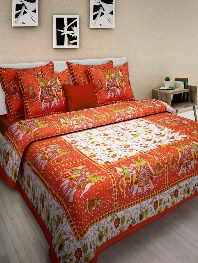 QUEEN SIZE DOUBLE BED SHEET WITH PILLOW COVERS PURE COTTON TRADITIONAL JAIPURI PRINTED BEDCOVER ORANGE QUEEN