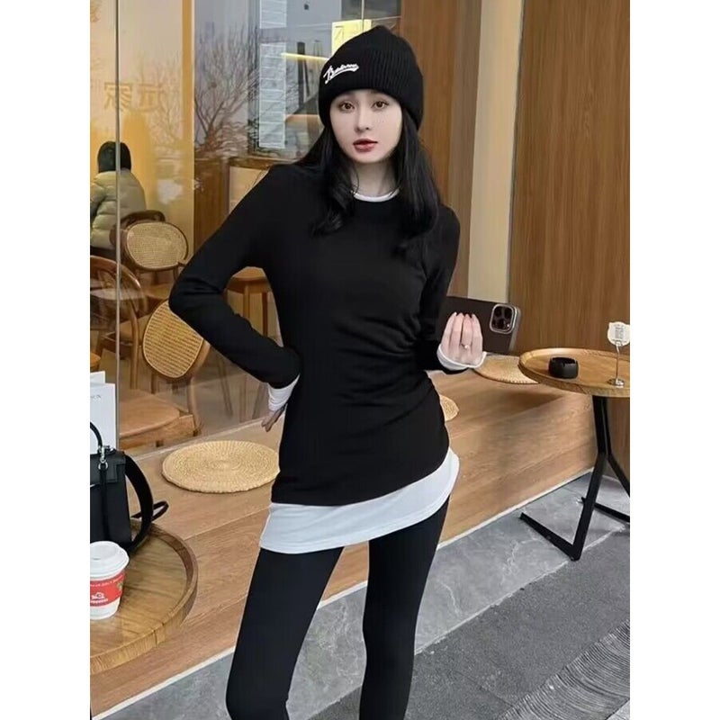 Mid-Length Long-Sleeved Sanding T-Shirt Women'S Design Pleated Waist Slimming Base Shirt Irregular Top Trendy - Image 3