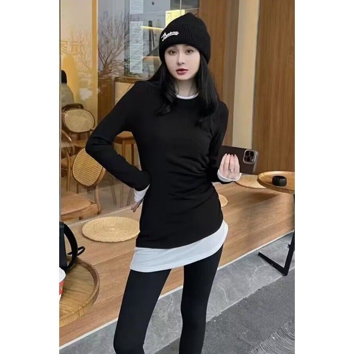 Mid-Length Long-Sleeved Sanding T-Shirt Women'S Design Pleated Waist Slimming Base Shirt Irregular Top Trendy - Image 1