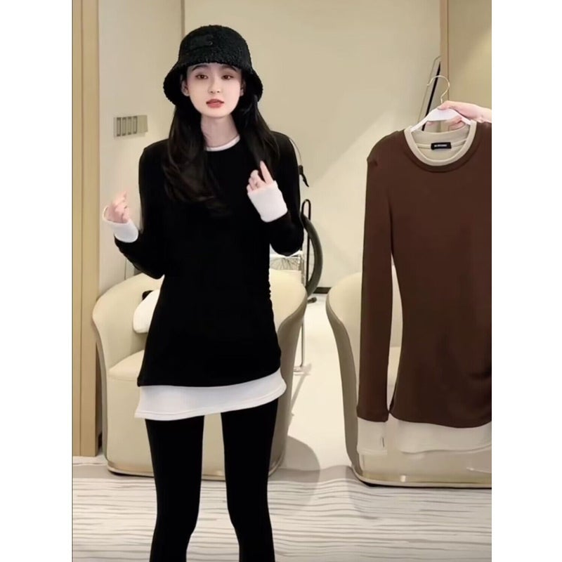 Mid-Length Long-Sleeved Sanding T-Shirt Women'S Design Pleated Waist Slimming Base Shirt Irregular Top Trendy - Image 4