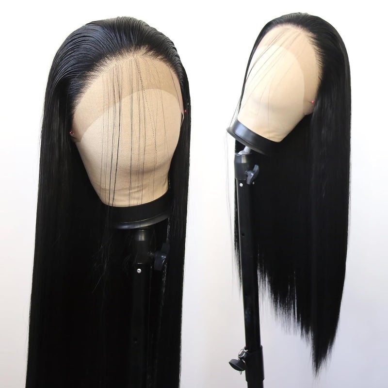 BTWTRY Black Synthetic Lace Front Wig Long Straight Jet Black Lace Front Synthetic Wig Pre Plucked Natural Hairline Glueless Heat Resistant Fiber Hair Wig for Fashion Women Black