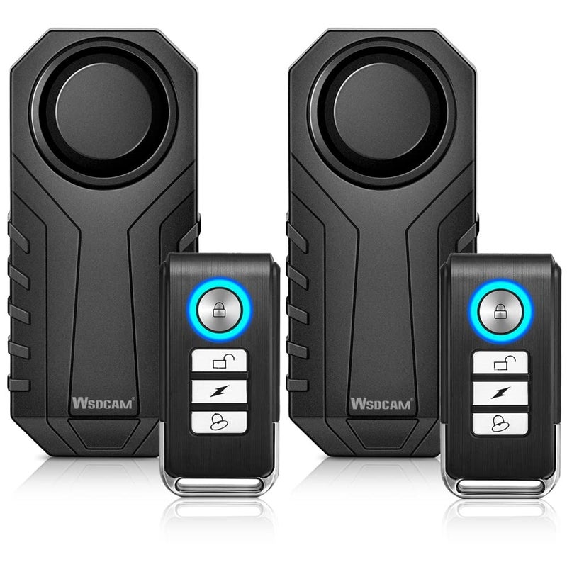 جهاز إنذار دراجة WSDCAM مع جهاز تحكم عن بُعد 2 حزمة 113 ديسيبل إنذار لاسلكي مضاد للسرقة للاهتزاز للدراجات النارية والدراجات الهوائية ونظام أمان المركبات باللون الأسود