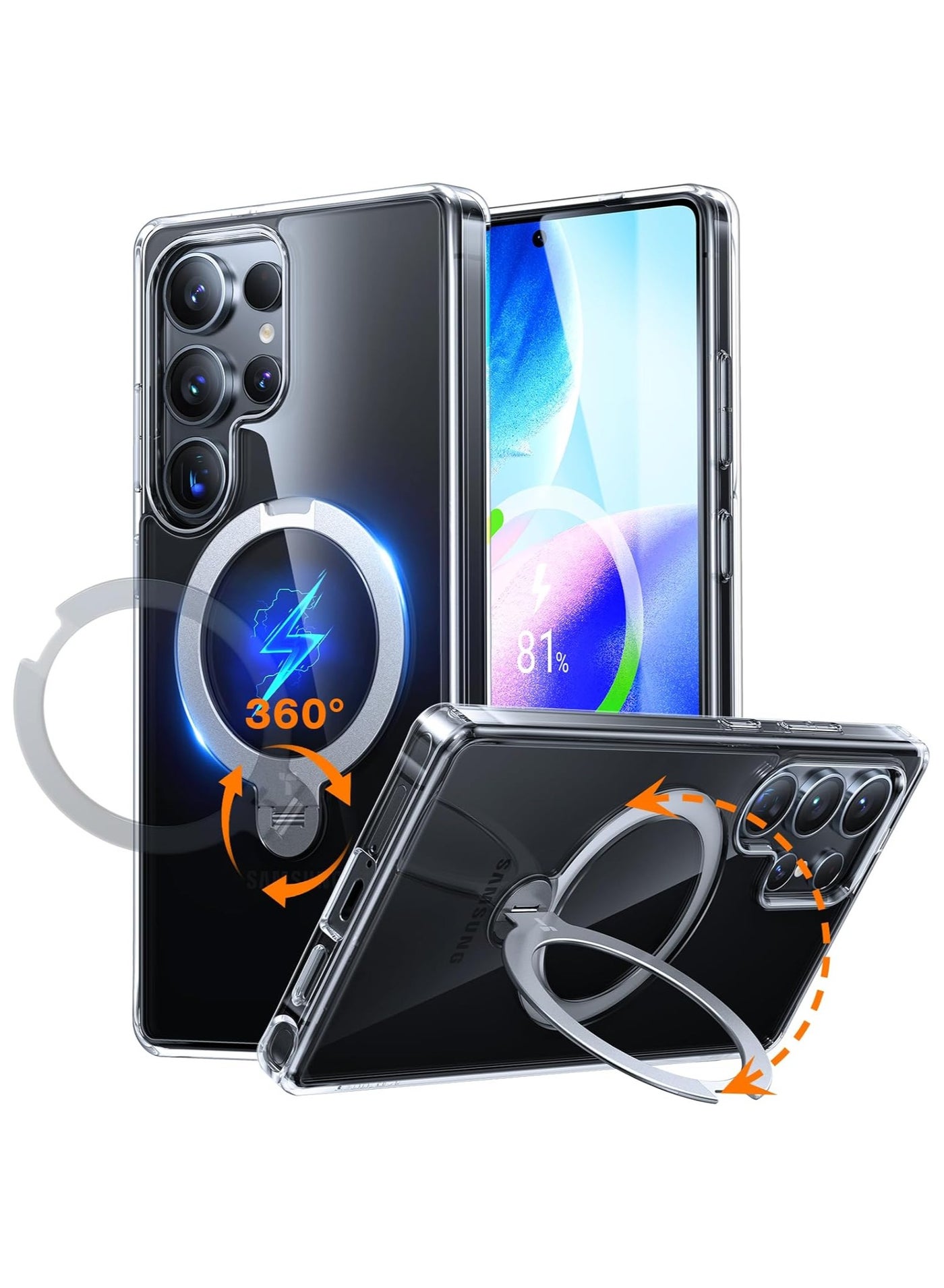 TORRAS 360° Spin Magnetic Stand for Samsung Galaxy S25 Ultra Case, Fit for Magsafe, Mil-Grade Slim Hard PC Protective S25 Ultra Clear Case with Kickstand & Ring Holder, Ostand Spin, Clear clear