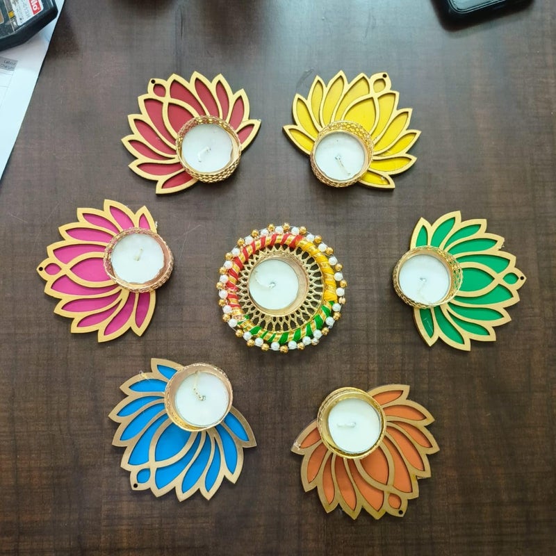 GIFT JAIPUR GIFT JAIPUR Wooden Multicolor Mix Lotus Chudi Diya Rangoli 7 Pc Smooth Scented Candles With Wax Deepak For Home Temple Decorations On Diwali Dusshera Wedding Pooja New Year