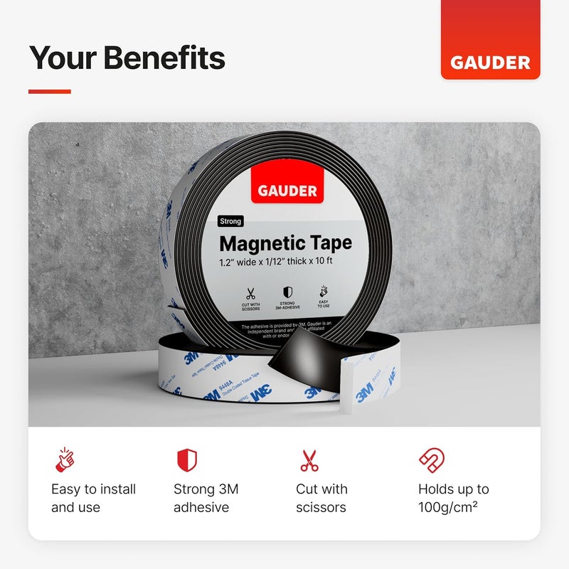 GAUDER Strong Magnetic Tape Self Adhesive (3.3 Feet Long x 1.2 Inch Wide) | Magnetic Strips with Adhesive Backing | Magnet Roll - Image 2