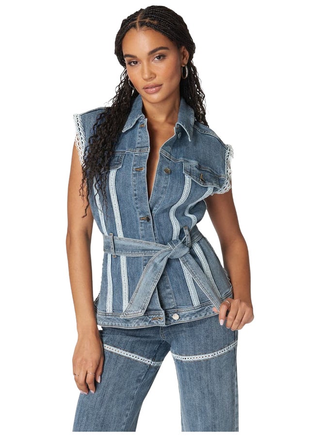 bebe Lace-Trimmed Denim Vest with Self-Tie Belt - Image 1