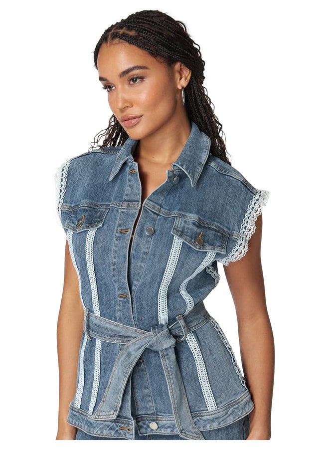 bebe Lace-Trimmed Denim Vest with Self-Tie Belt - Image 4