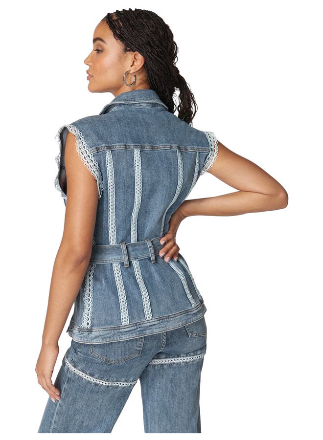 bebe Lace-Trimmed Denim Vest with Self-Tie Belt - Image 3