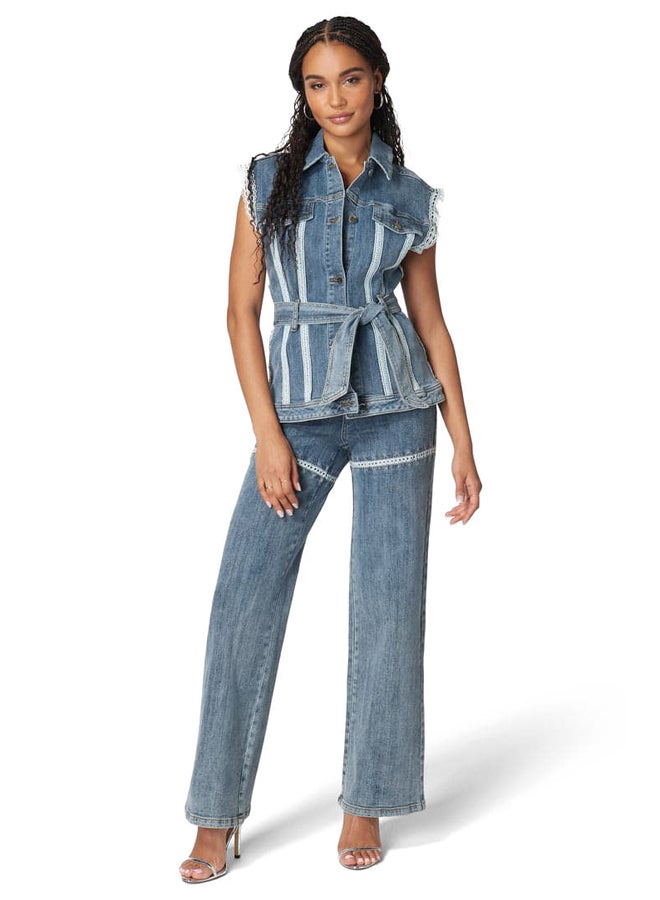 bebe Lace-Trimmed Denim Vest with Self-Tie Belt - Image 2