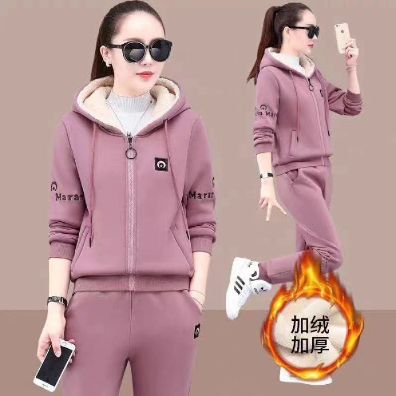 fleece-lined Thickened Fashionable suit Womens Autumn and Winter 2024 New Loose Hooded Womens Hoodie Casual Wear Two-piece Set Trendy Khaki - Image 2