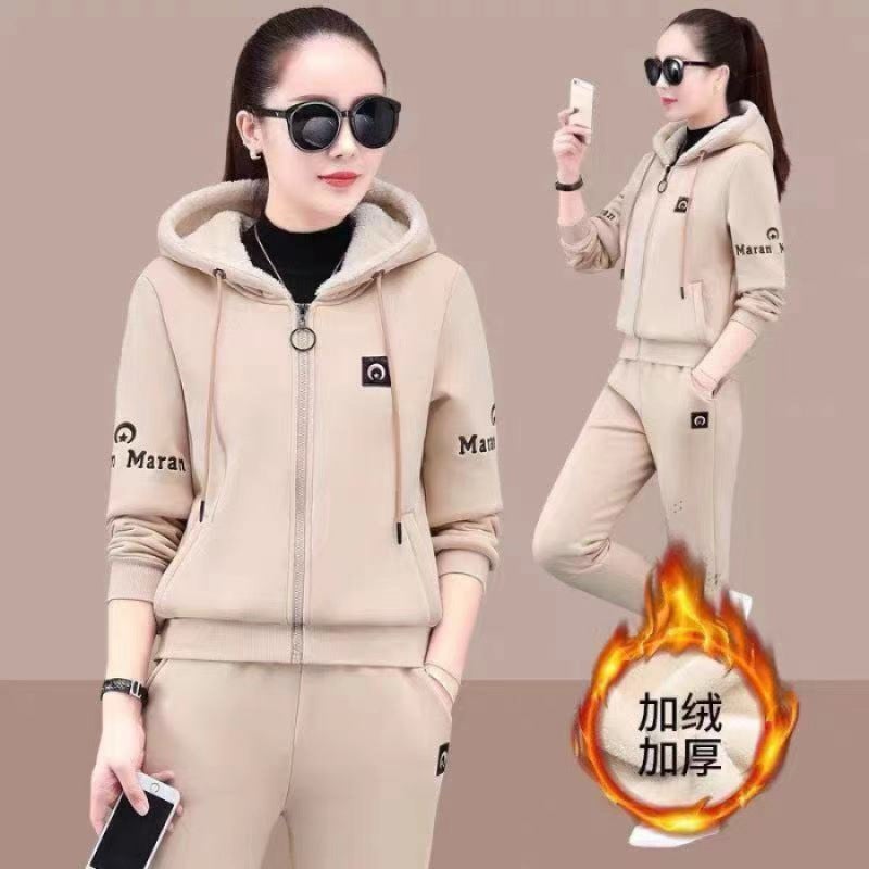 fleece-lined Thickened Fashionable suit Womens Autumn and Winter 2024 New Loose Hooded Womens Hoodie Casual Wear Two-piece Set Trendy Khaki - Image 1