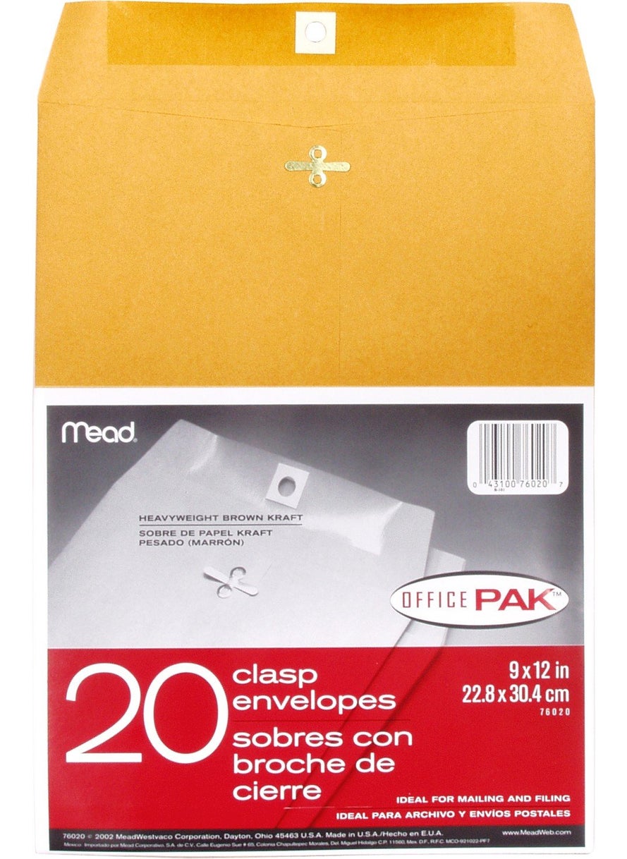 Mead Mead Mailing Envelopes, Clasp Closure, 9" X 12", All-Purpose 24-lb Paper, Brown Kraft Material, 20 per Box (76020)  - Image 1