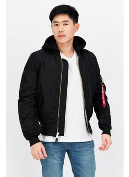 Alpha Industries Men Plain Hooded Bomber Jacket, Black  - Image 1