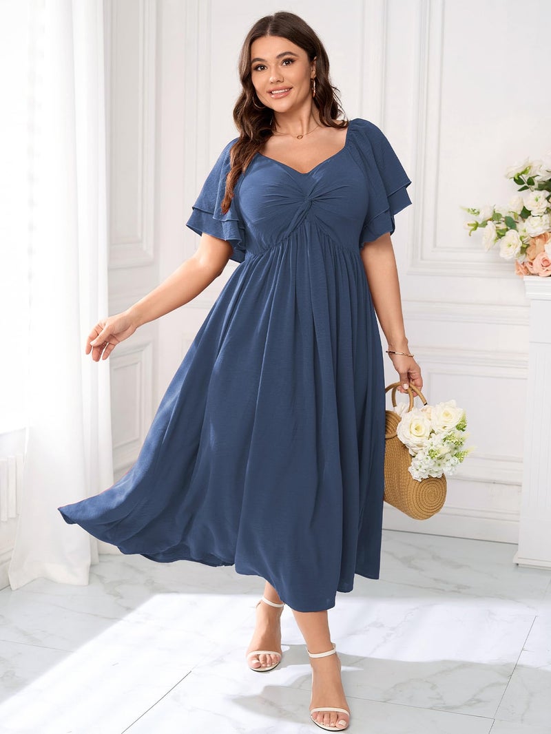 SCOMCHIC Women's Plus Size Wedding Guest Cocktail Dresses Sweetheart Neckline Ruffle Sleeve A Line Maxi Dress Dusty Blue - Image 4