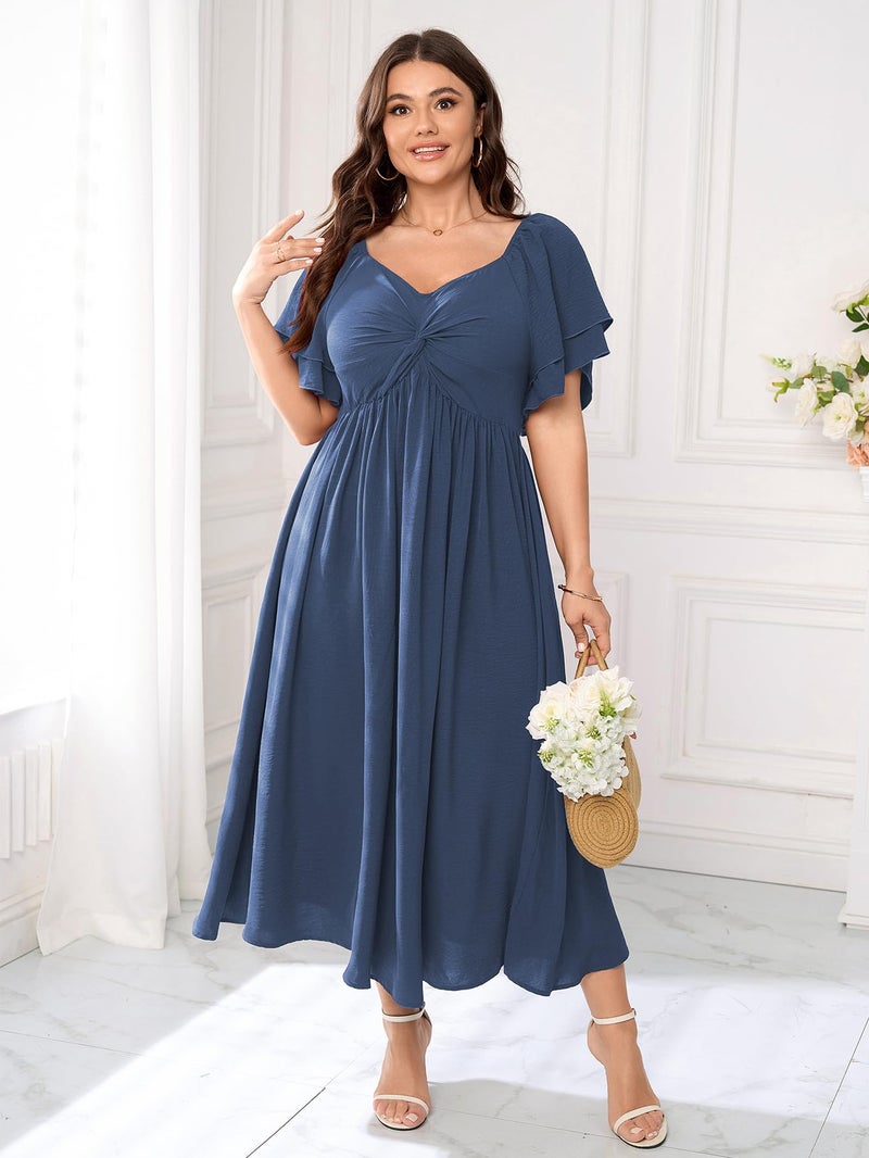 SCOMCHIC Women's Plus Size Wedding Guest Cocktail Dresses Sweetheart Neckline Ruffle Sleeve A Line Maxi Dress Dusty Blue - Image 5