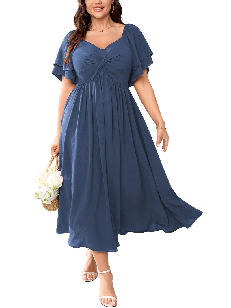 SCOMCHIC Women's Plus Size Wedding Guest Cocktail Dresses Sweetheart Neckline Ruffle Sleeve A Line Maxi Dress Dusty Blue - Image 1