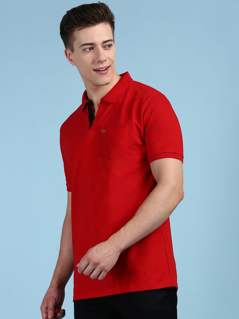 Lux Cozi Men's Half Sleeve Soild Casual T-Shirt with Chest Pocket_COZI_2122_RD_3XL_1PC Red - Image 3