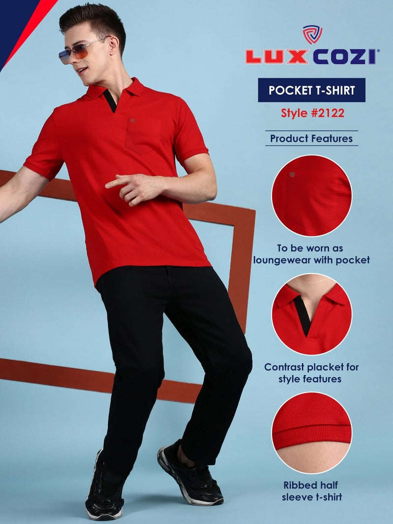 Lux Cozi Men's Half Sleeve Soild Casual T-Shirt with Chest Pocket_COZI_2122_RD_3XL_1PC Red - Image 2