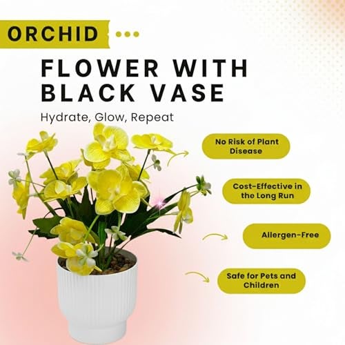 CURATED CART Flower Pot with Artificial Flowers - Orchid Yellow Flower with White Vase | Ideal for Home Décor | Office Décor | Gifting | Size 25 x 15cm - Image 2
