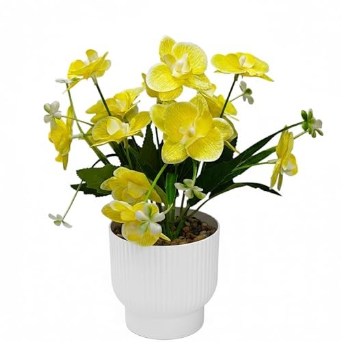 CURATED CART Flower Pot with Artificial Flowers - Orchid Yellow Flower with White Vase | Ideal for Home Décor | Office Décor | Gifting | Size 25 x 15cm - Image 1