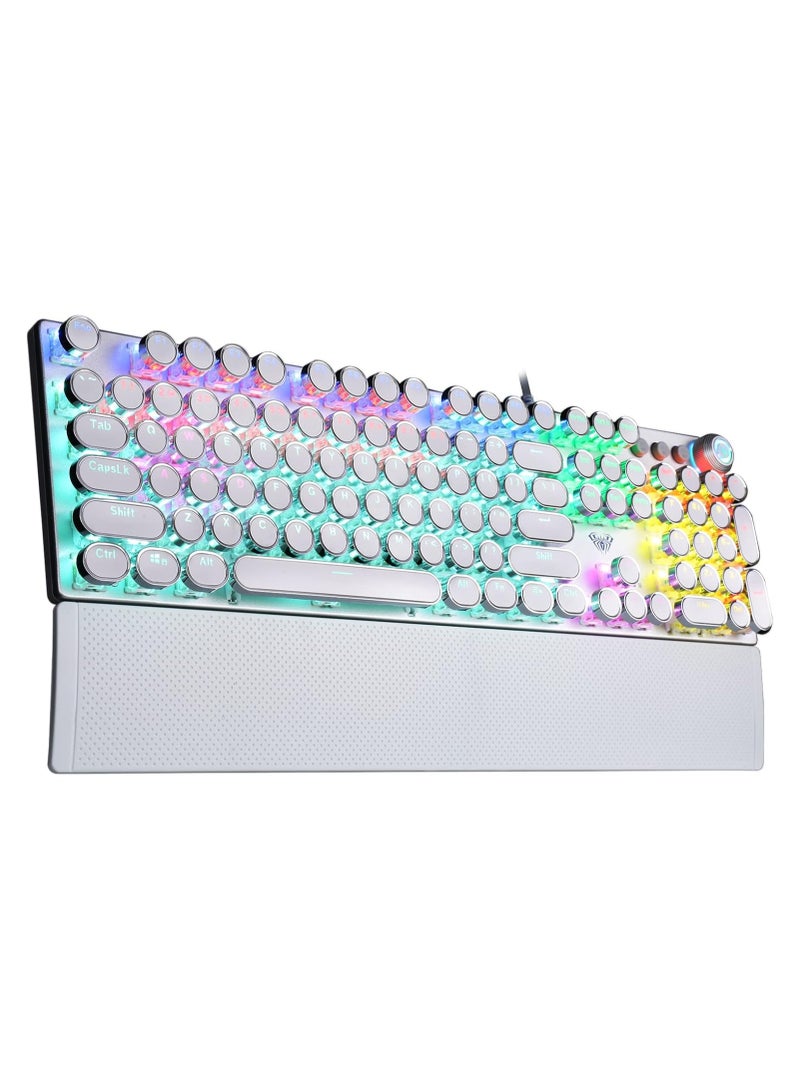 AULA F2088 Typewriter Style Mechanical Gaming Keyboard,Rainbow LED Backlit,Removable Wrist Rest,Media Control Knob,Retro Punk Round Keycaps,USB Wired Computer Keyboard,White - Image 1