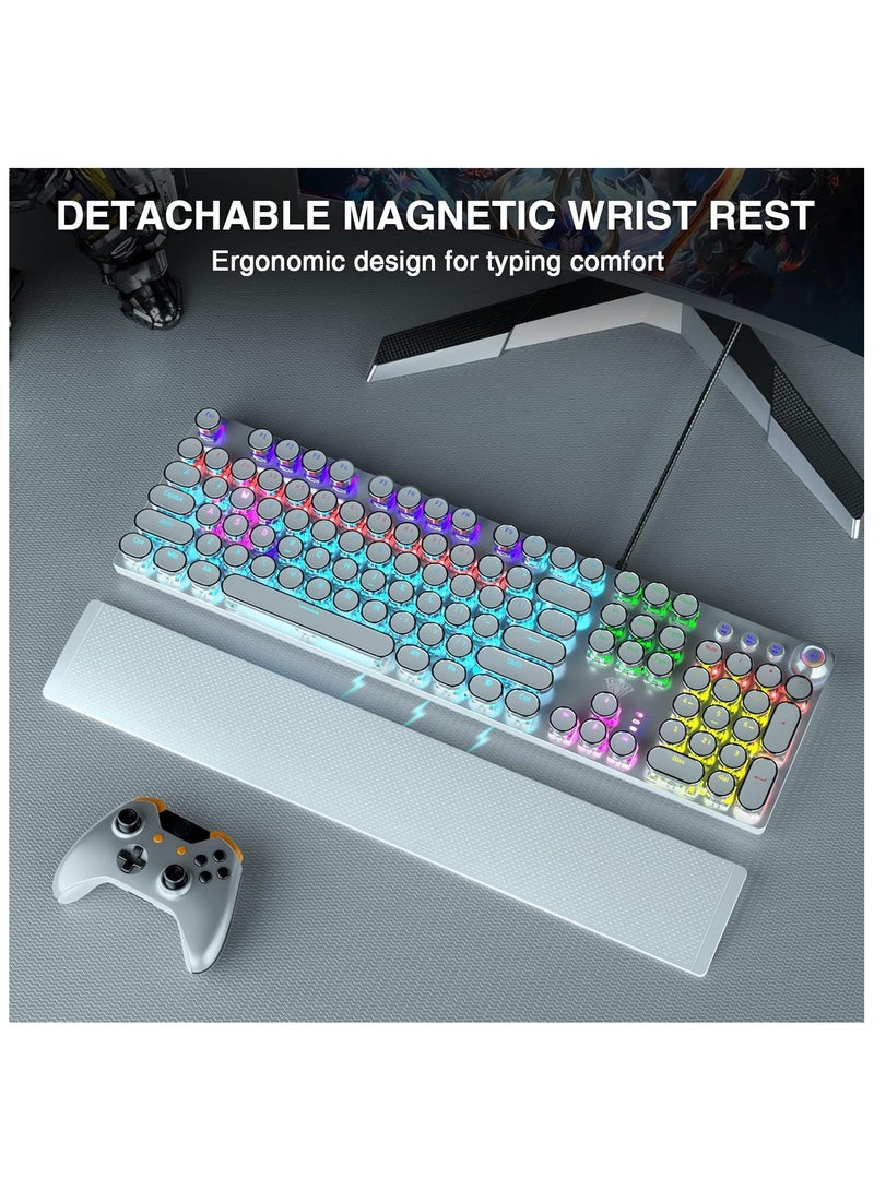 AULA F2088 Typewriter Style Mechanical Gaming Keyboard,Rainbow LED Backlit,Removable Wrist Rest,Media Control Knob,Retro Punk Round Keycaps,USB Wired Computer Keyboard,White - Image 2
