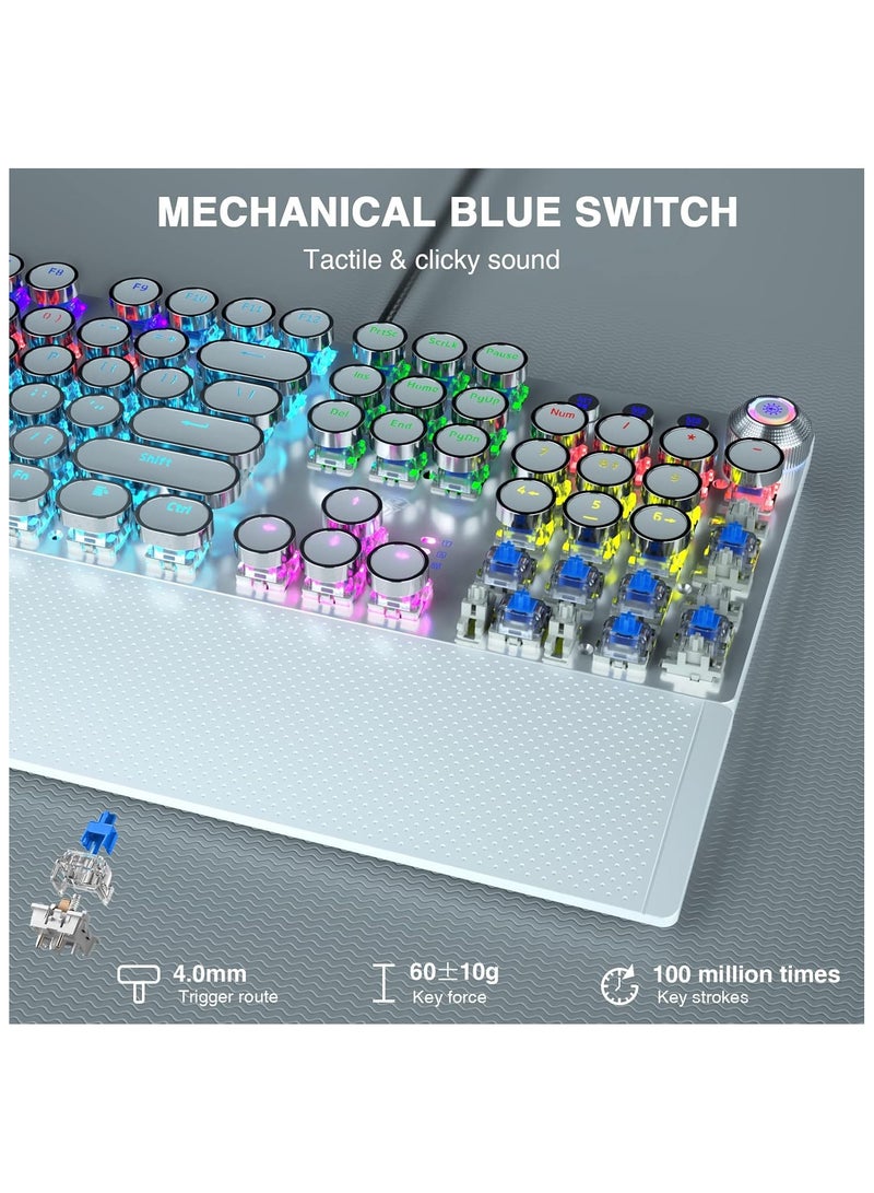 AULA F2088 Typewriter Style Mechanical Gaming Keyboard,Rainbow LED Backlit,Removable Wrist Rest,Media Control Knob,Retro Punk Round Keycaps,USB Wired Computer Keyboard,White - Image 3