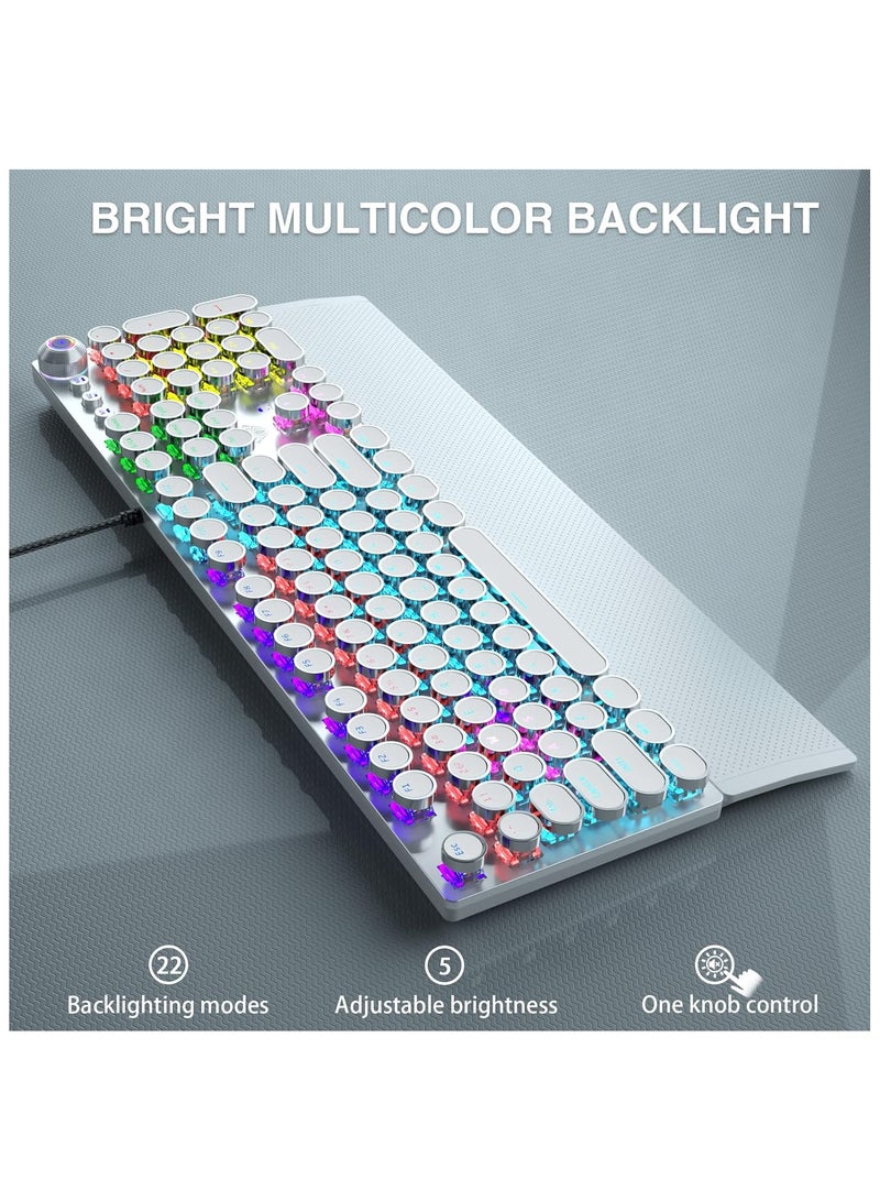 AULA F2088 Typewriter Style Mechanical Gaming Keyboard,Rainbow LED Backlit,Removable Wrist Rest,Media Control Knob,Retro Punk Round Keycaps,USB Wired Computer Keyboard,White - Image 4